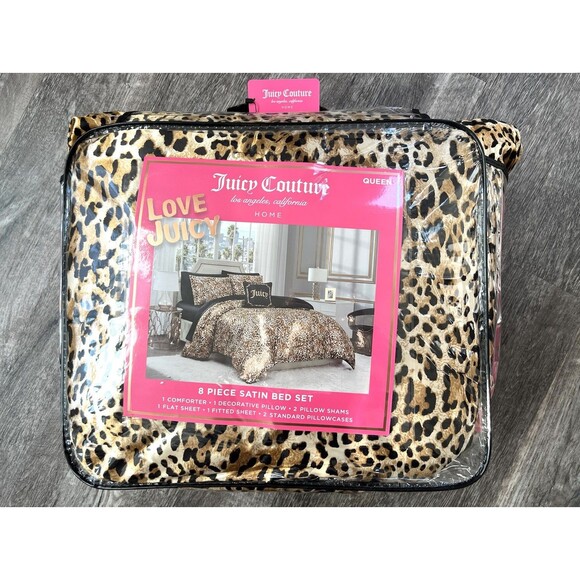 Juicy Couture Leopard Satin Queen 8pc Set Comforter Shams Sheet Set Pillow - Picture 1 of 4